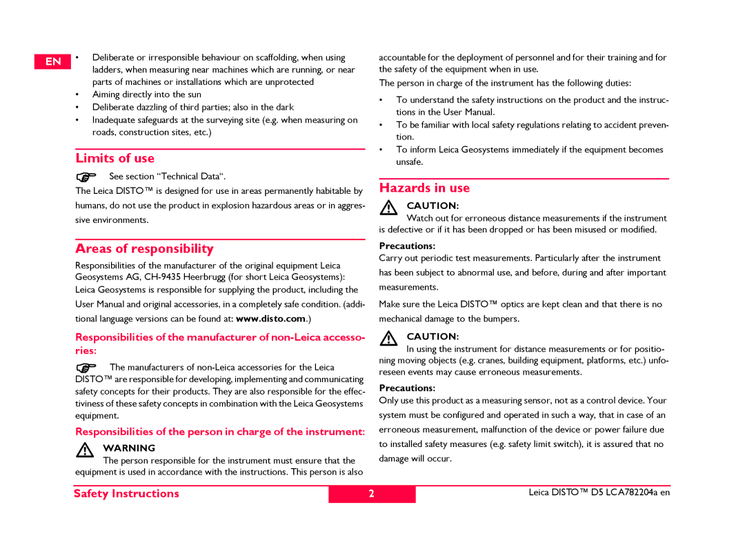 Leica 764553, 766558, 769459 manual Limits of use, Areas of responsibility, Hazards in use, Precautions 