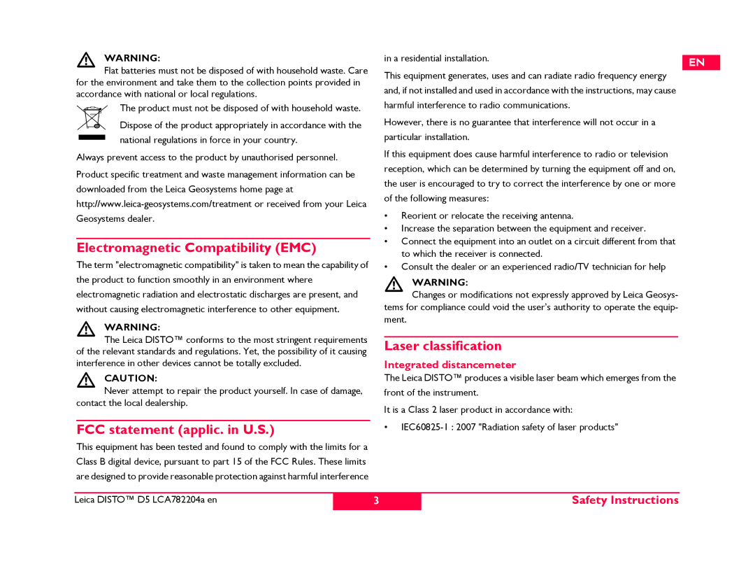 Leica 766558, 764553, 769459 manual Electromagnetic Compatibility EMC, Laser classification, FCC statement applic. in U.S 