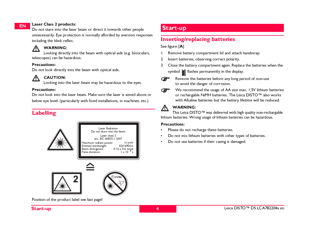 Leica 769459 manual Start-up, Labelling, Inserting/replacing batteries, Laser Class 2 products, Including the blink reflex 