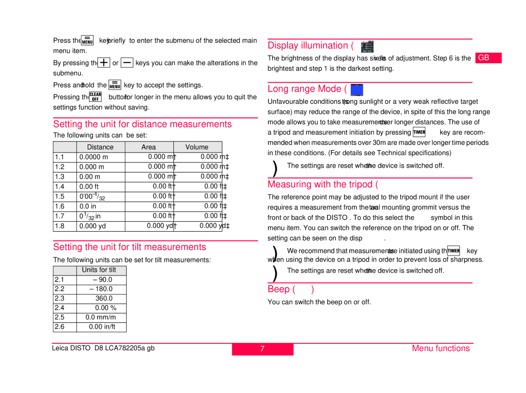 Leica 764555 Setting the unit for distance measurements, Setting the unit for tilt measurements, Display illumination 