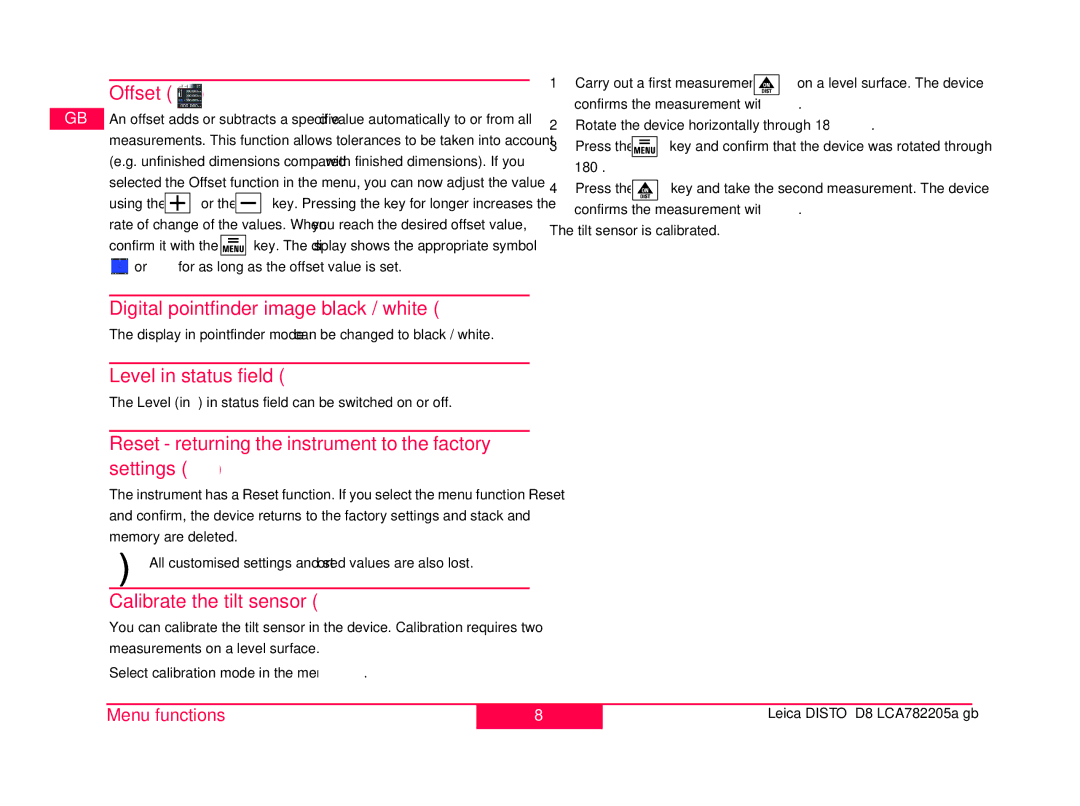 Leica 764558, 764555 Offset, Digital pointfinder image black / white, Level in status field, Calibrate the tilt sensor 