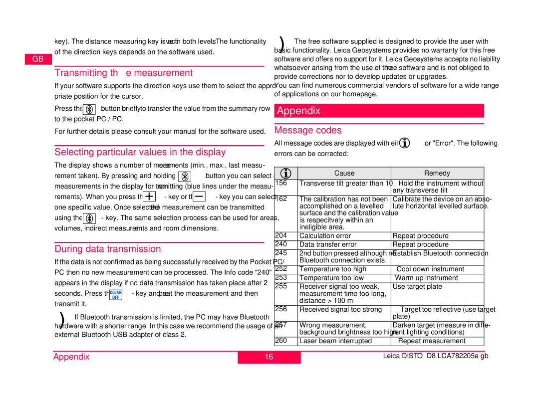 Leica 764558, 764555 Appendix, Transmitting the measurement, Message codes, Selecting particular values in the display 