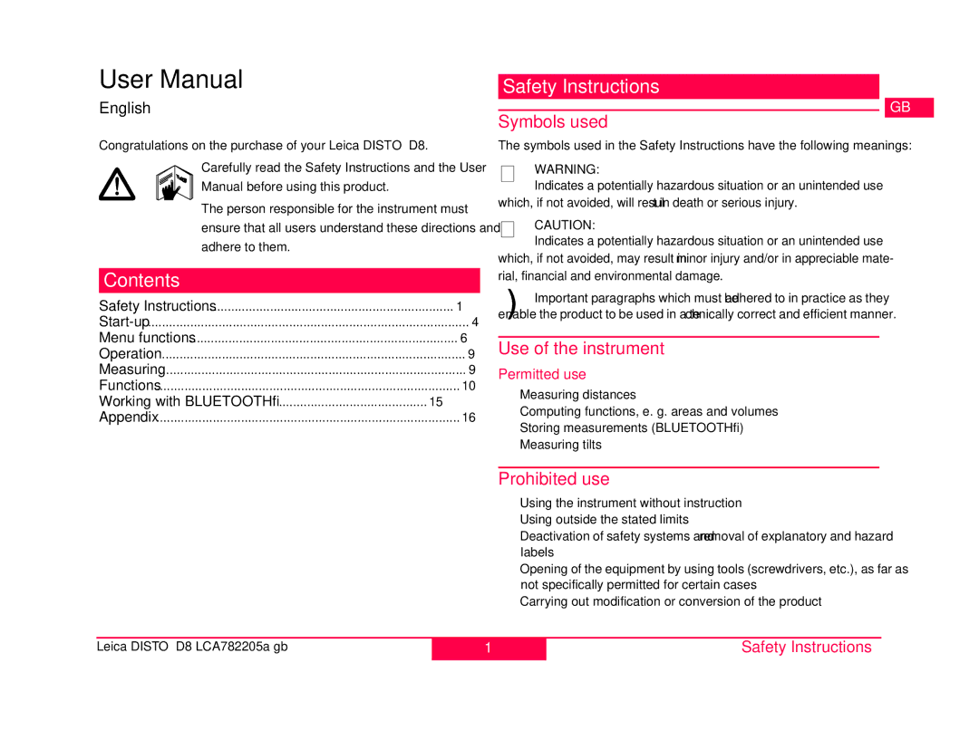 Leica 764555, 764558 manual Safety Instructions, Contents 