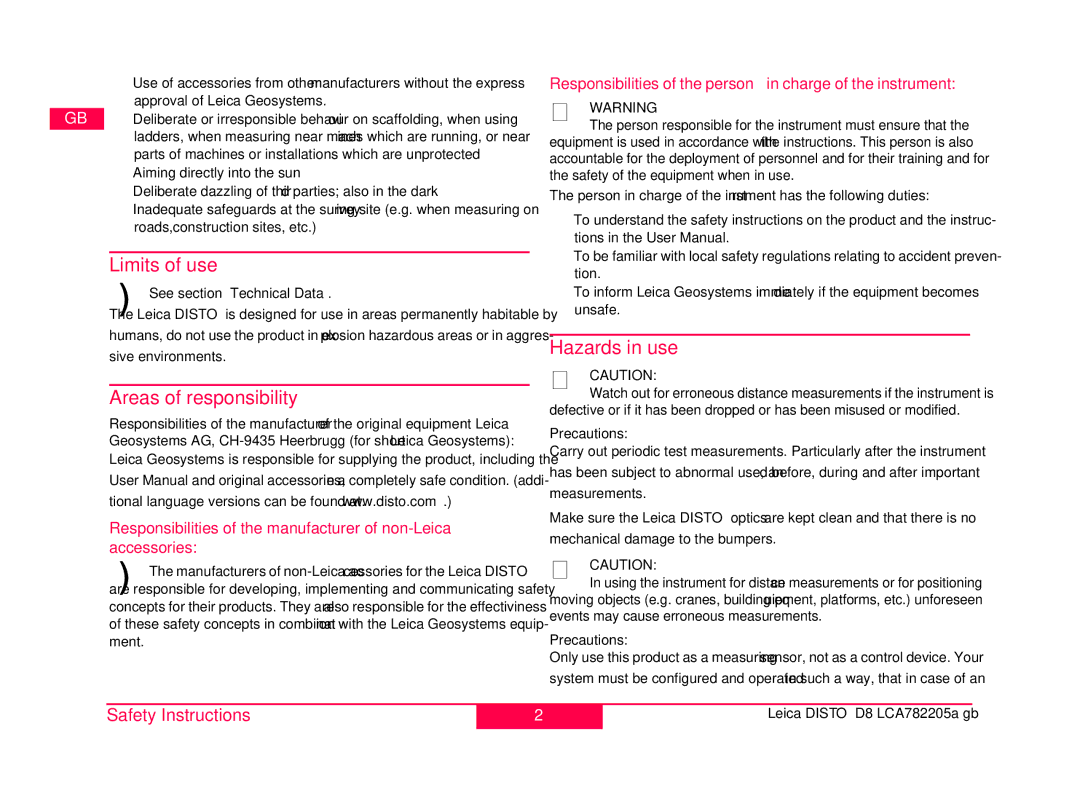 Leica 764558, 764555 manual Limits of use, Areas of responsibility, Hazards in use, Precautions 