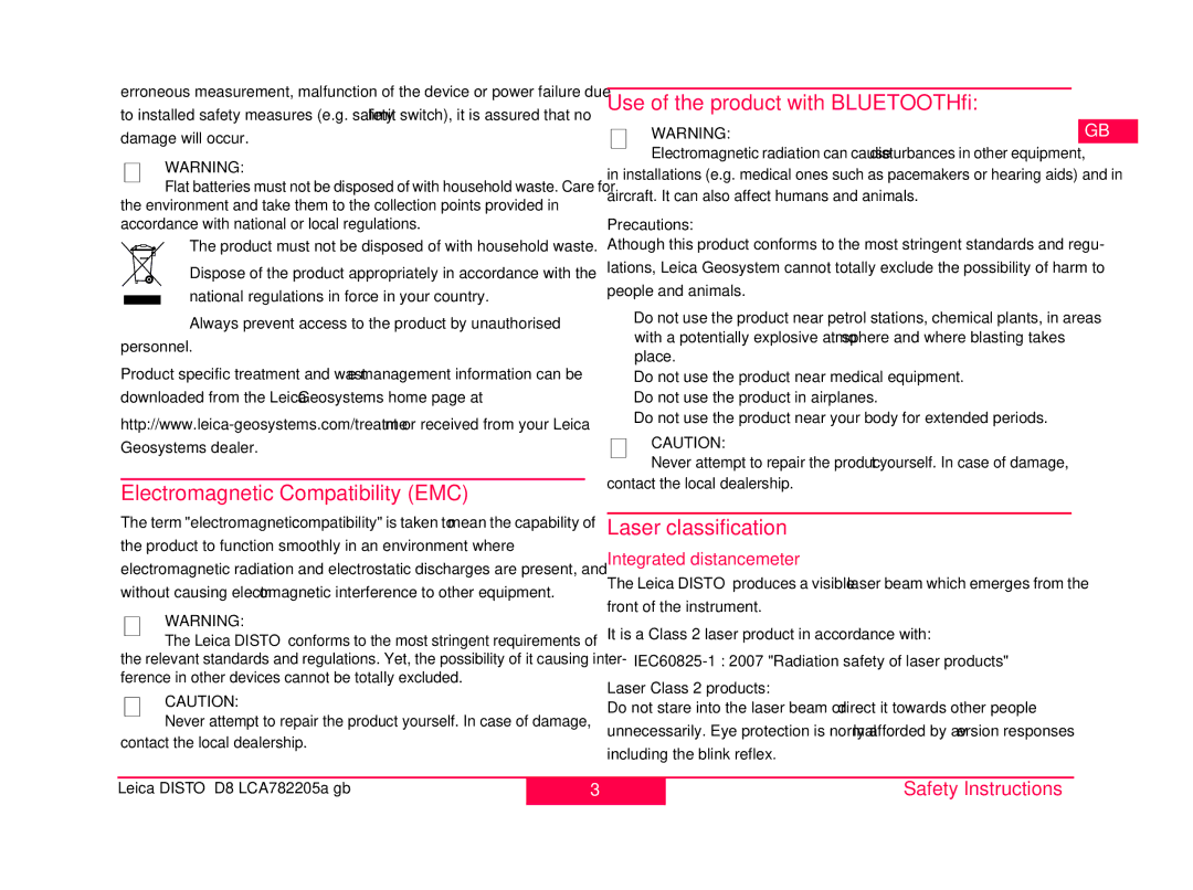 Leica 764555, 764558 manual Use of the product with Bluetooth, Electromagnetic Compatibility EMC, Laser classification 