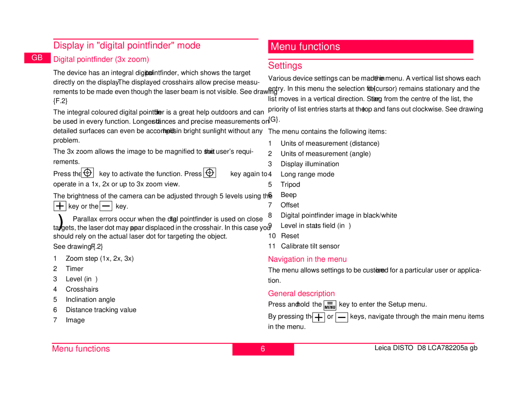 Leica 764558, 764555 manual Menu functions, Display in digital pointfinder mode, Settings 