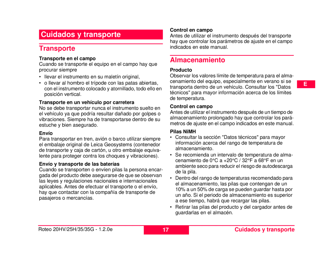 Leica 784100, 772787 user manual Cuidados y transporte, Transporte, Almacenamiento 