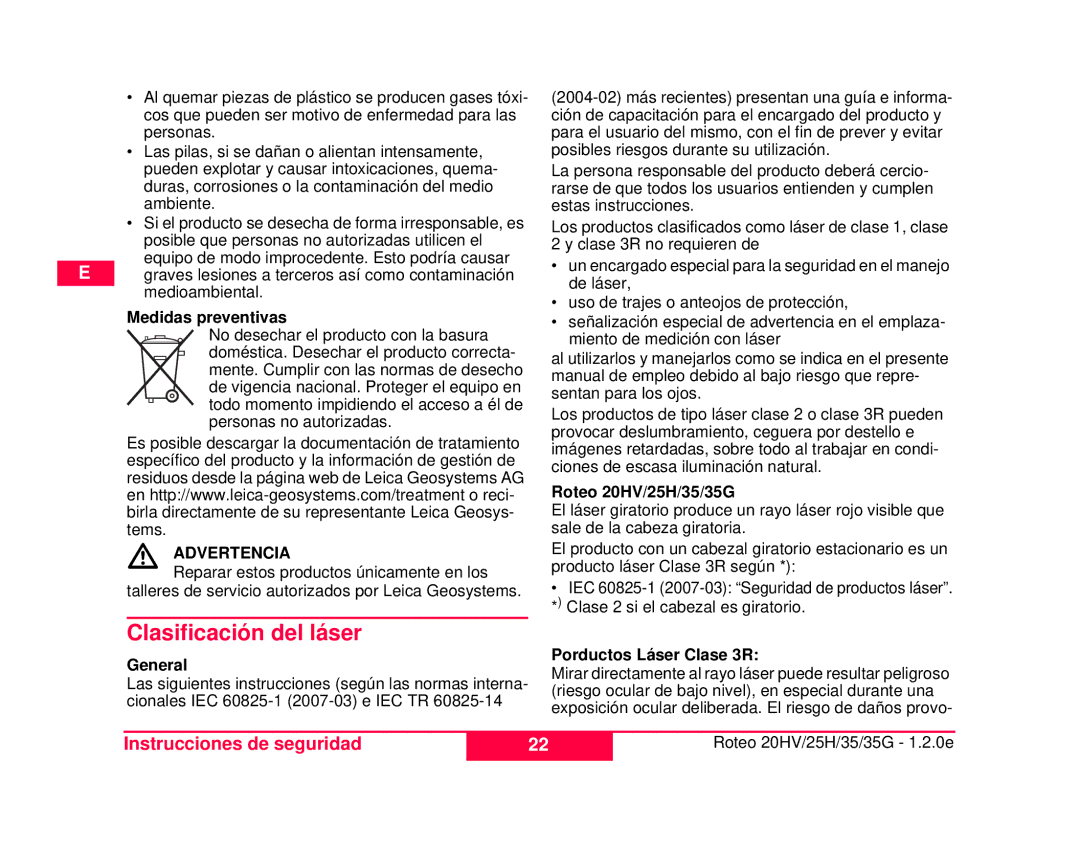 Leica 772787, 784100 user manual Clasificación del láser, Roteo 20HV/25H/35/35G, General Porductos Láser Clase 3R 