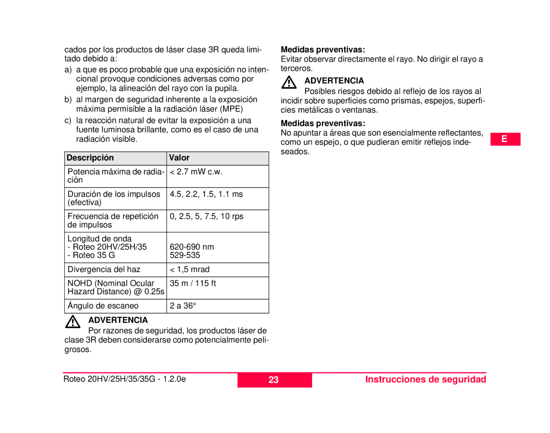 Leica 784100, 772787 user manual Descripción Valor 