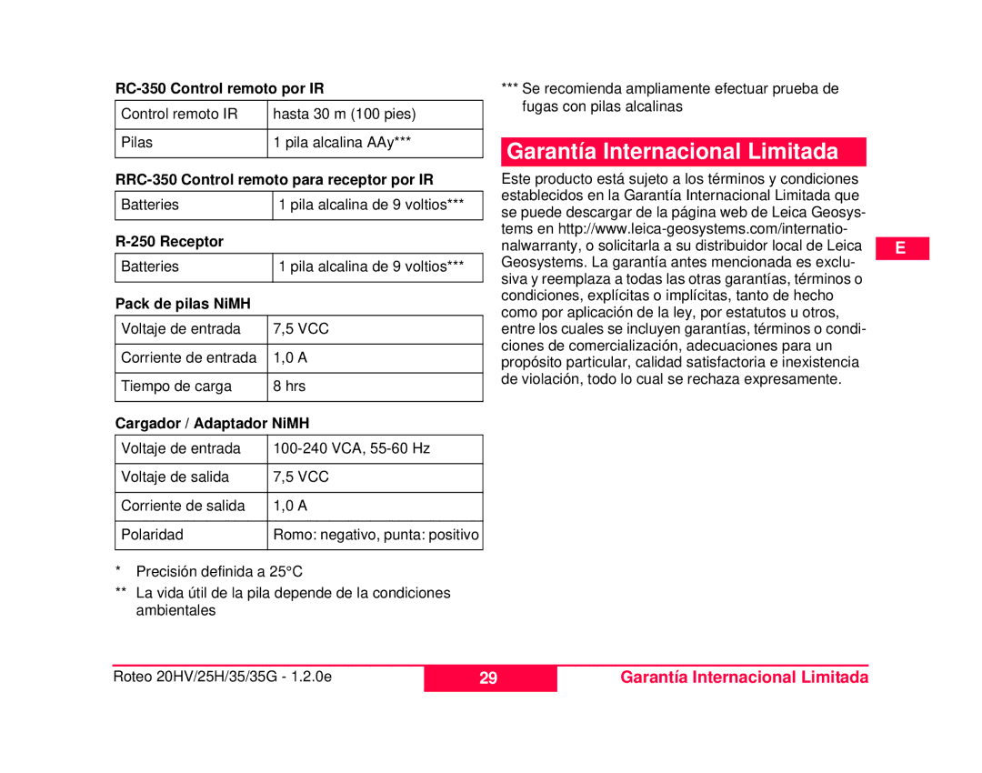 Leica 784100, 772787 user manual Garantía Internacional Limitada 