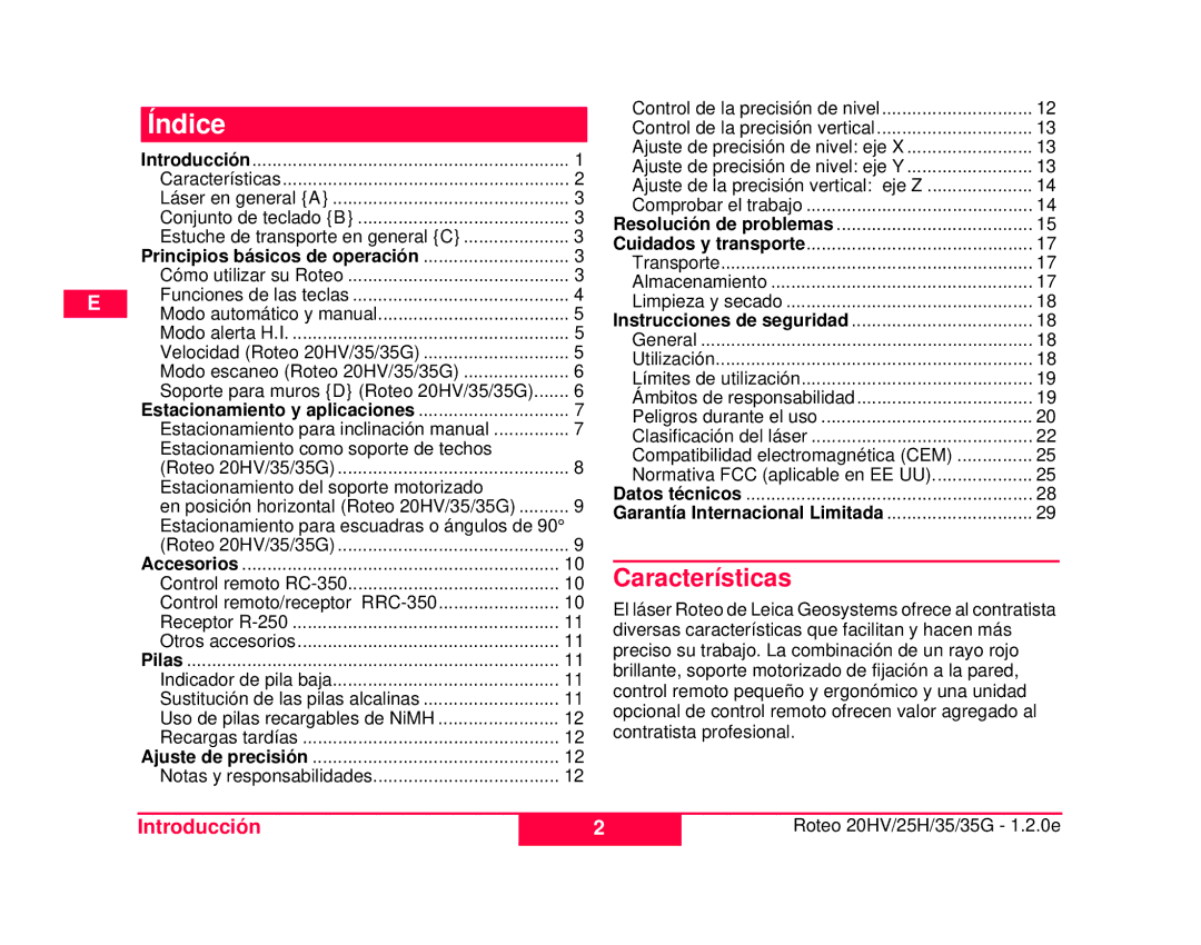 Leica 772787, 784100 user manual Índice, Características 