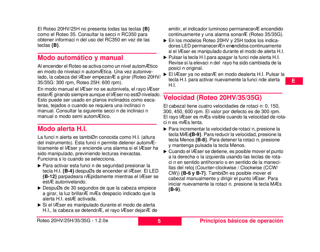 Leica 784100, 772787 user manual Modo automático y manual, Modo alerta H.I, Velocidad Roteo 20HV/35/35G 