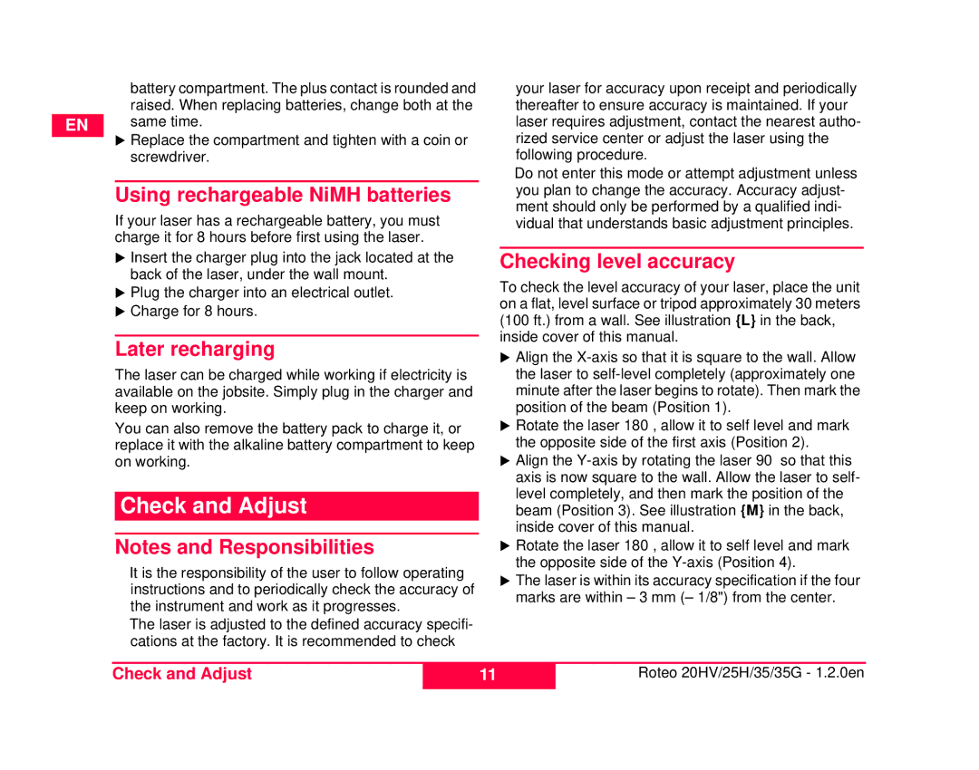 Leica 762767-R, 772789-R Check and Adjust, Using rechargeable NiMH batteries, Later recharging, Checking level accuracy 