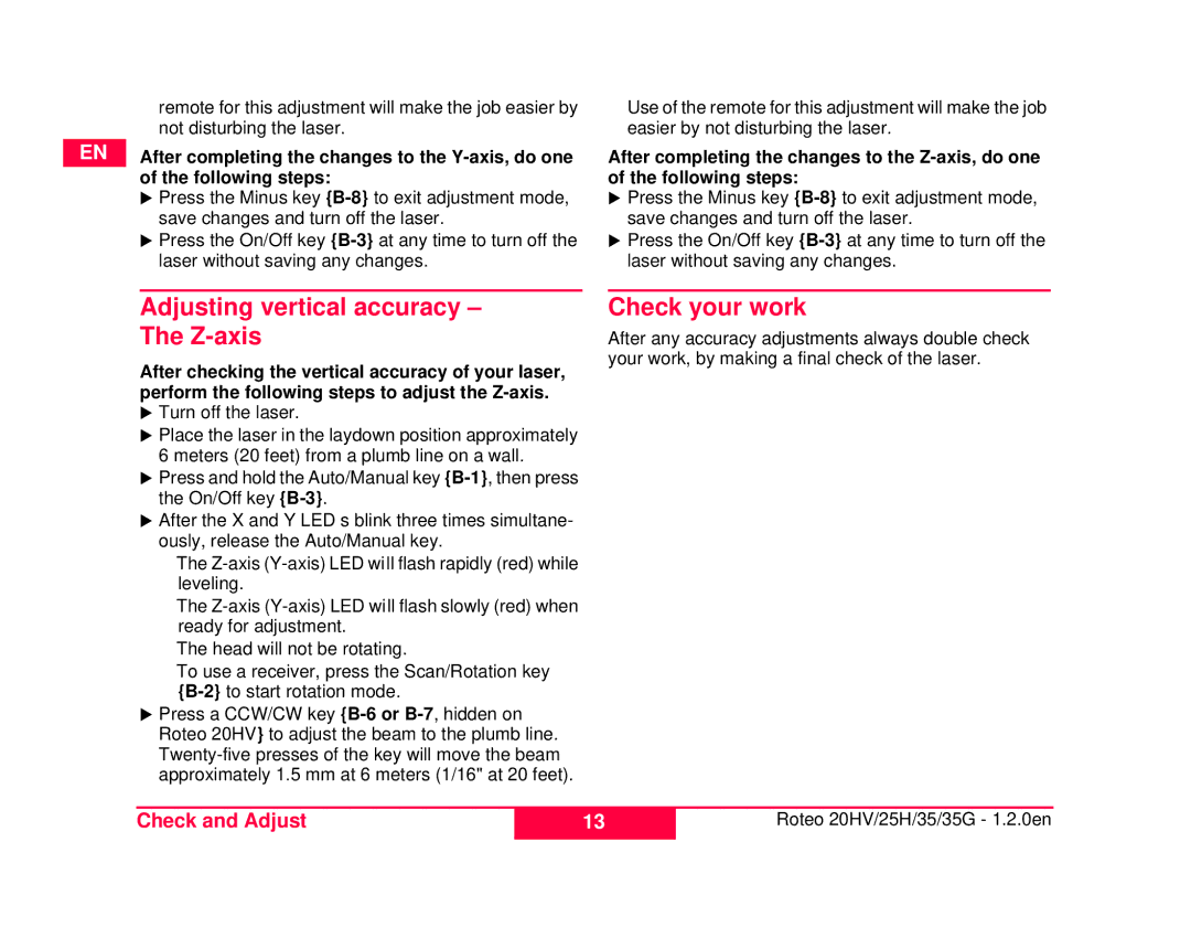 Leica 798056, 772789-R, 6007282, 6007285, 762767-R user manual Adjusting vertical accuracy The Z-axis, Check your work 