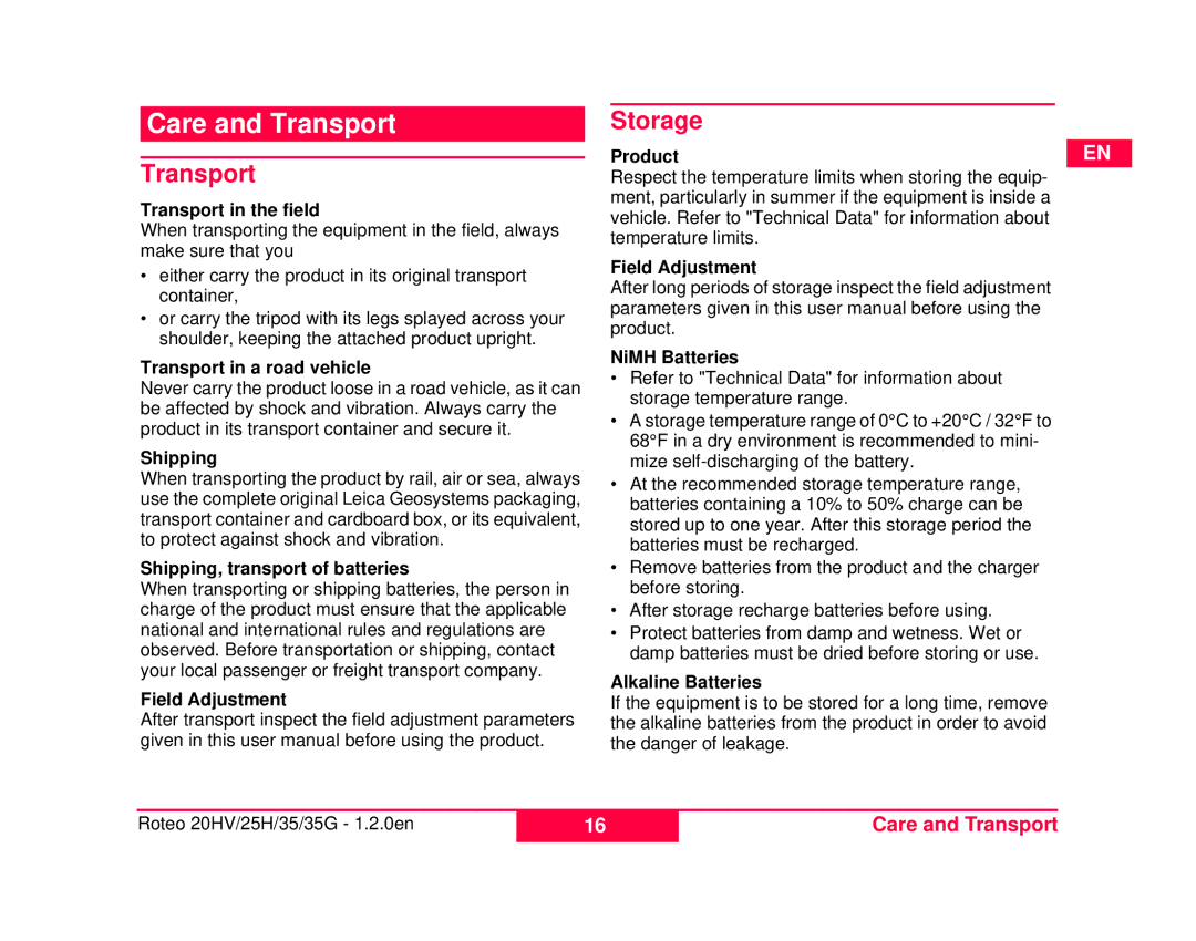 Leica 762767-R, 772789-R, 798056, 6007282, 6007285 user manual Care and Transport, Storage 