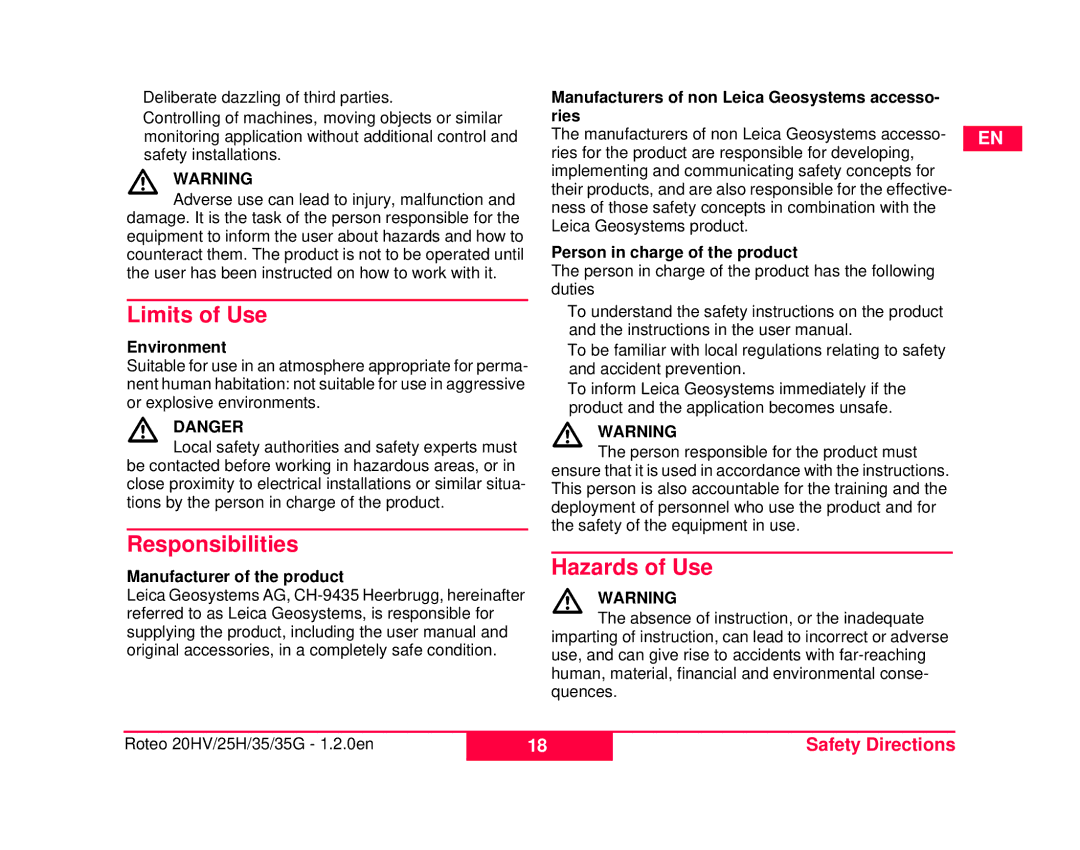 Leica 798056, 772789-R Limits of Use, Responsibilities, Hazards of Use, Environment, Person in charge of the product 