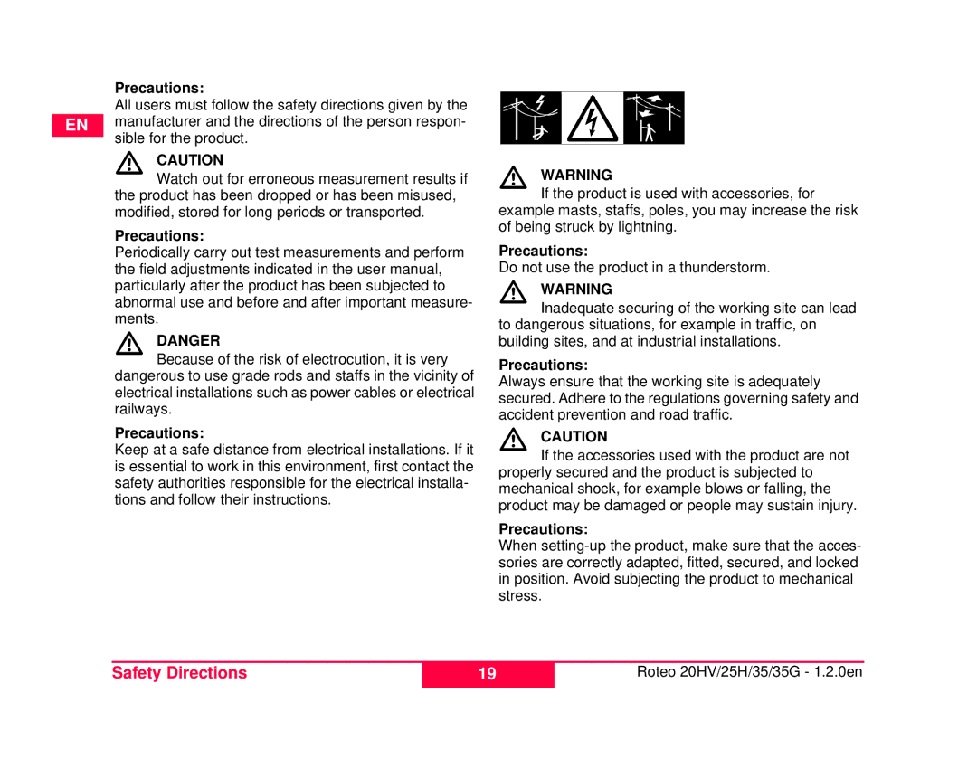 Leica 6007282, 772789-R, 798056, 6007285, 762767-R user manual Precautions, Do not use the product in a thunderstorm 