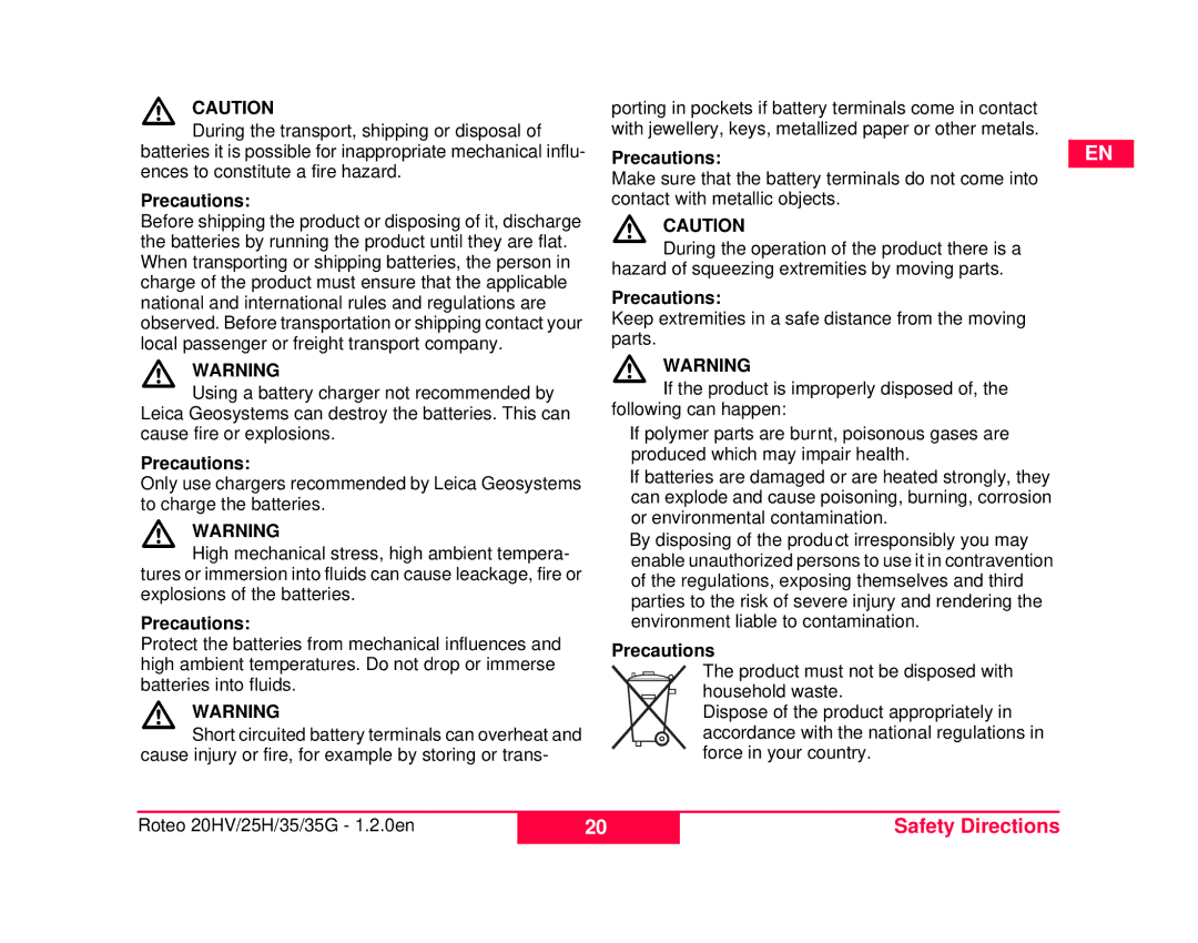 Leica 6007285, 772789-R, 798056, 6007282, 762767-R user manual Safety Directions 