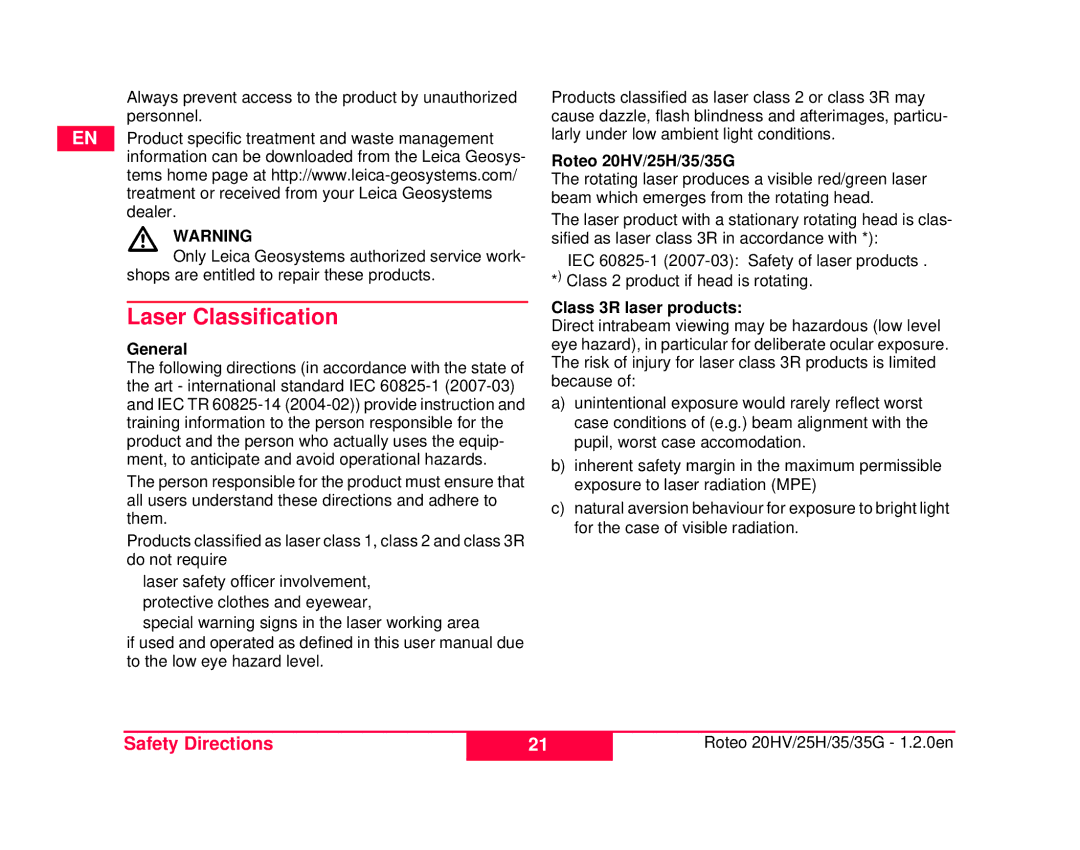 Leica 762767-R, 772789-R, 798056, 6007282 Laser Classification, General, Roteo 20HV/25H/35/35G, Class 3R laser products 