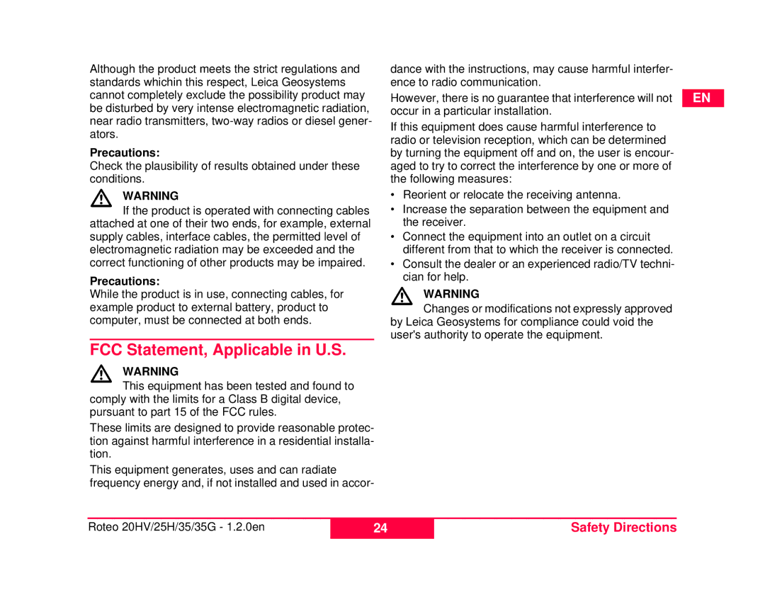 Leica 6007282, 772789-R, 798056, 6007285, 762767-R user manual FCC Statement, Applicable in U.S 