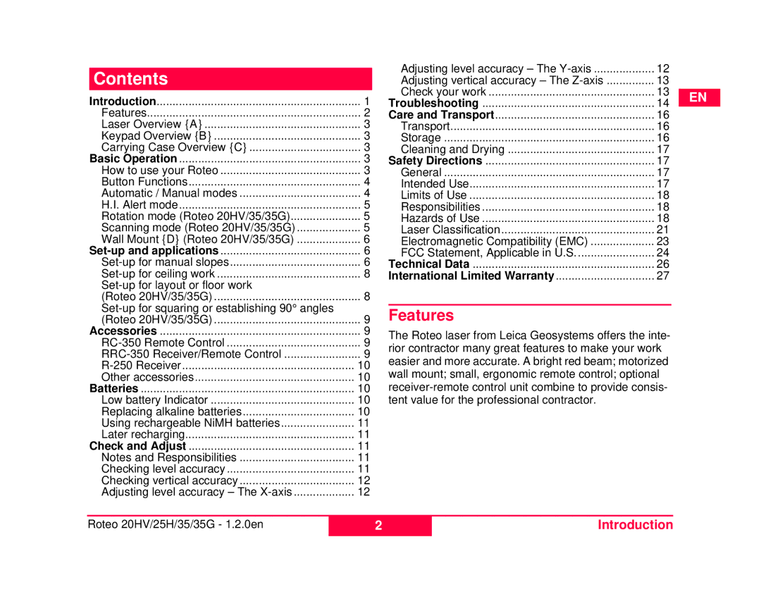 Leica 772789-R, 798056, 6007282, 6007285, 762767-R user manual Contents 