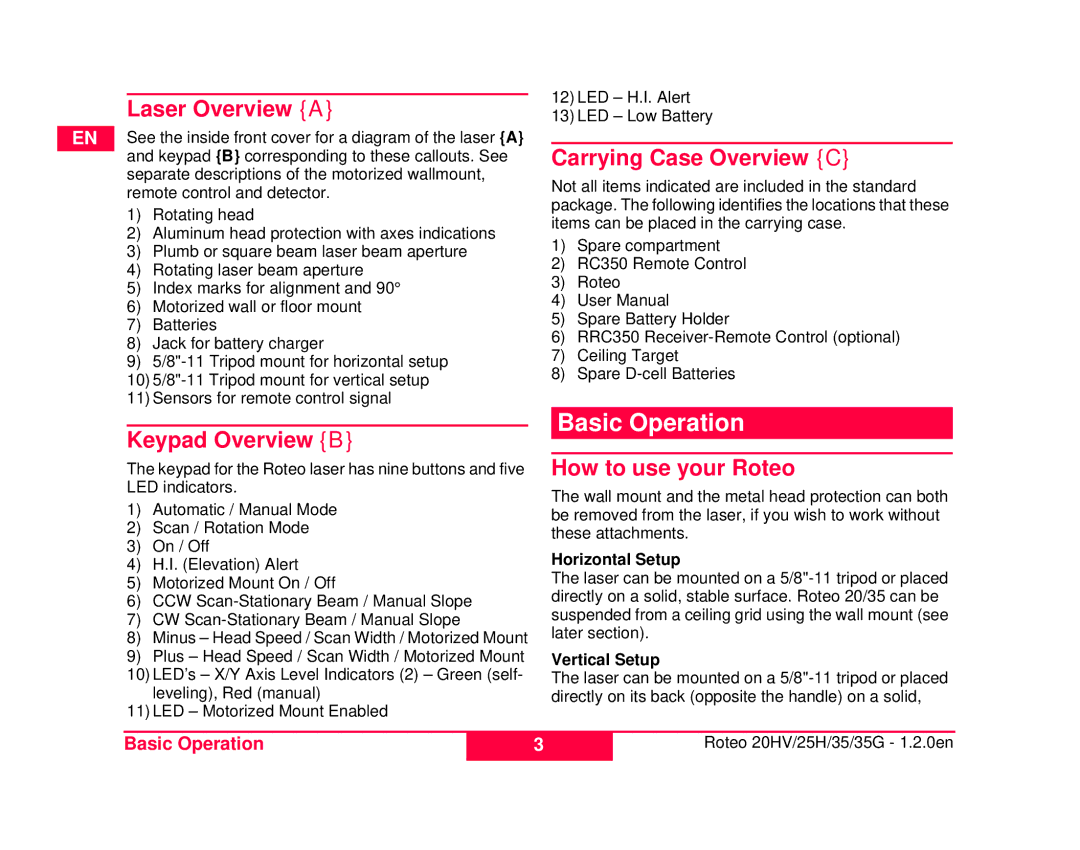 Leica 798056 Basic Operation, Laser Overview a, Carrying Case Overview C, Keypad Overview B, How to use your Roteo 