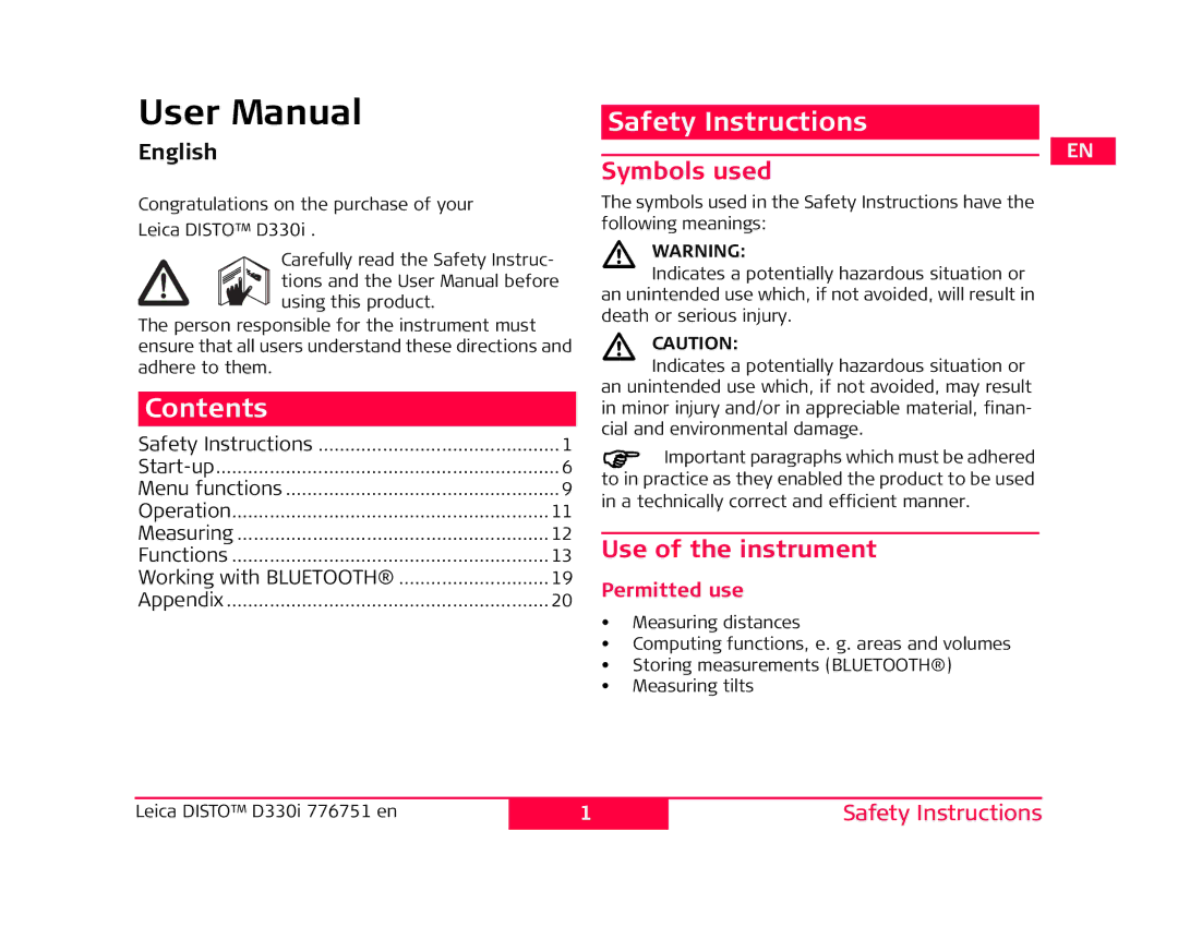 Leica 776748 user manual Contents, Safety Instructions 