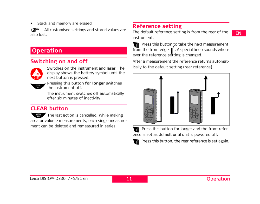 Leica 776748 user manual Operation, Switching on and off, Clear button, Reference setting 