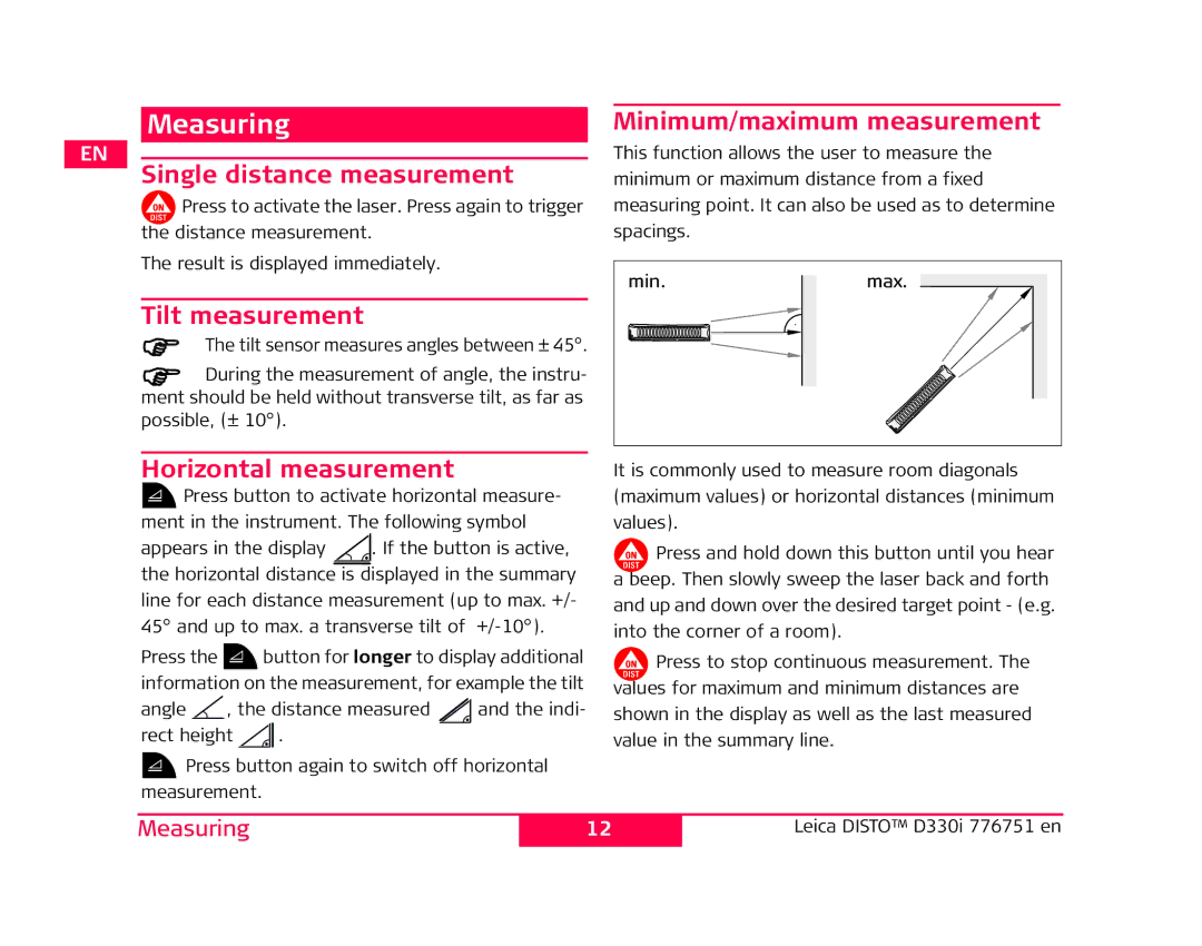 Leica 776748 Measuring, Single distance measurement, Tilt measurement, Horizontal measurement, Minimum/maximum measurement 