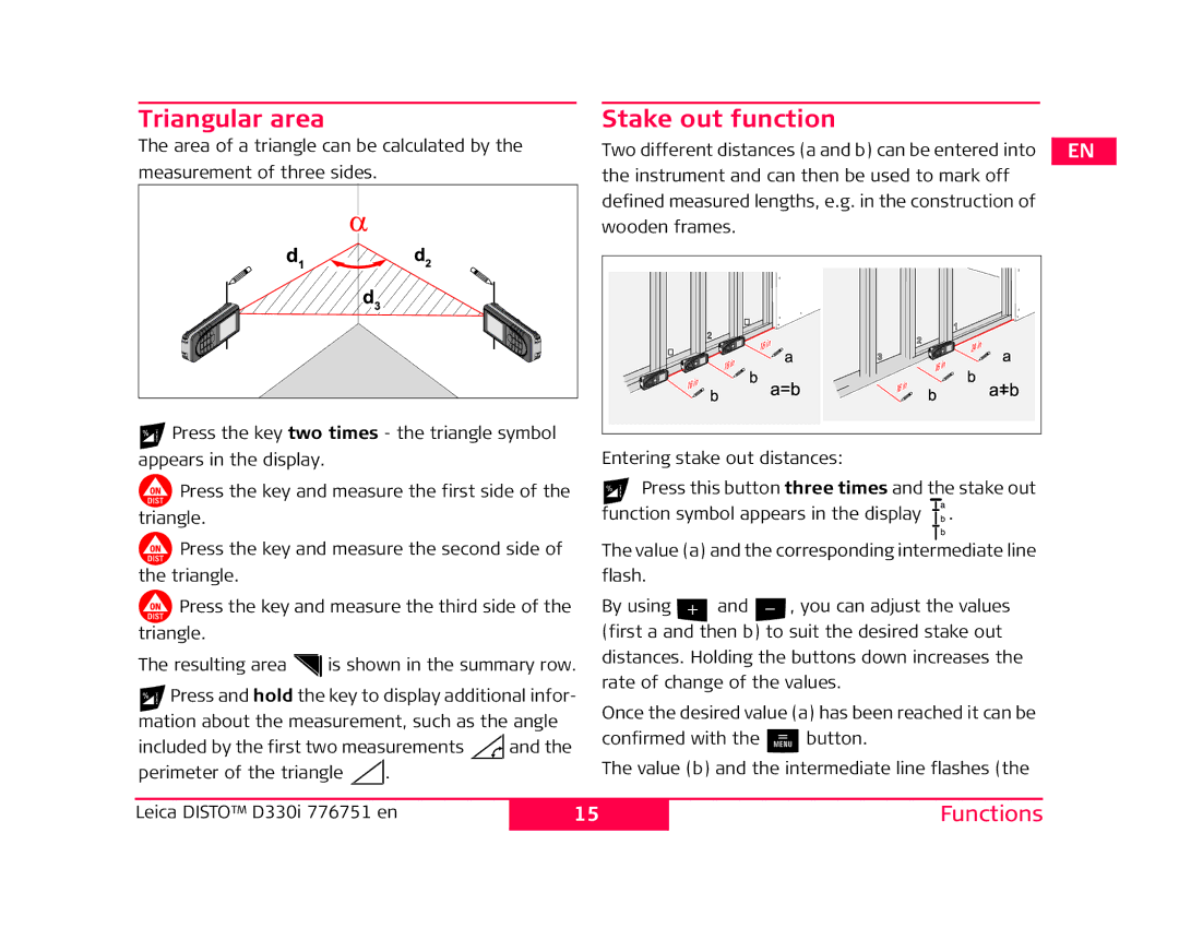 Leica 776748 user manual Triangular area, Stake out function 