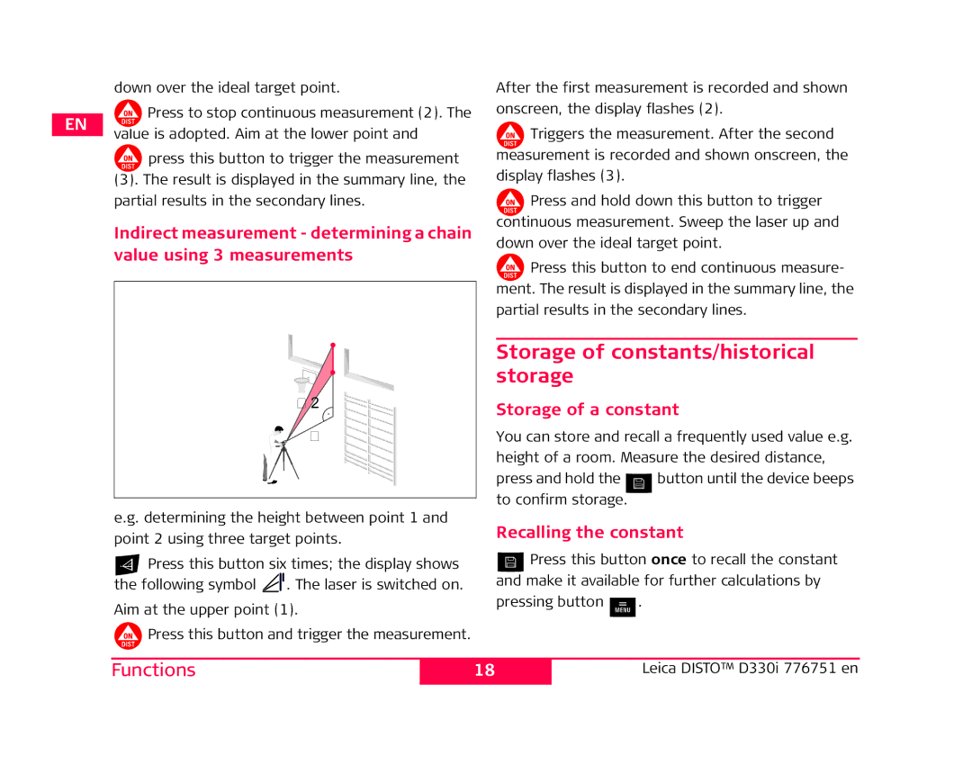 Leica 776748 user manual Storage of constants/historical storage, Storage of a constant, Recalling the constant 