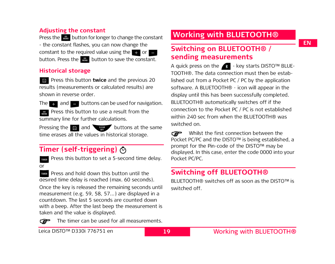 Leica 776748 user manual Working with Bluetooth, Timer self-triggering, Switching on Bluetooth / sending measurements 