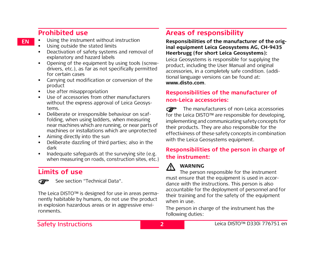 Leica 776748 user manual Prohibited use Areas of responsibility, Limits of use 