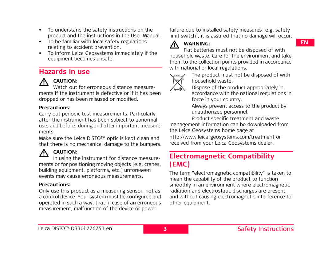 Leica 776748 user manual Hazards in use, Electromagnetic Compatibility EMC, Precautions 