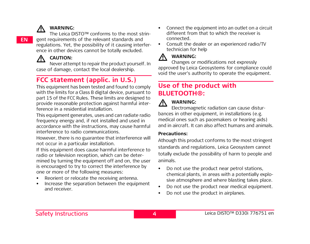 Leica 776748 user manual FCC statement applic. in U.S, Use of the product with 