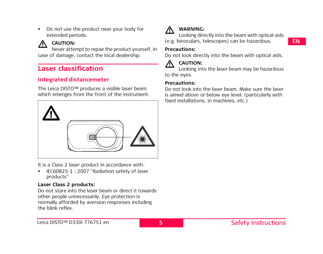 Leica 776748 user manual Laser classification, Integrated distancemeter, Laser Class 2 products 