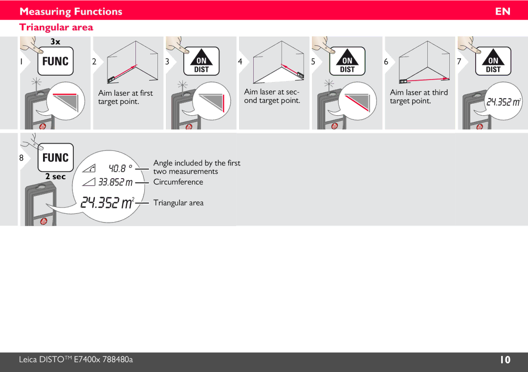 Leica 788472 manual Triangular area, Aim laser at first Aim laser at sec 