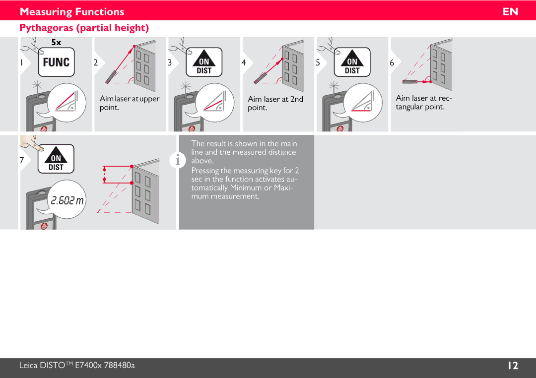 Leica 788472 manual Pythagoras partial height, Aim laser at 2nd, Point Tangular point 