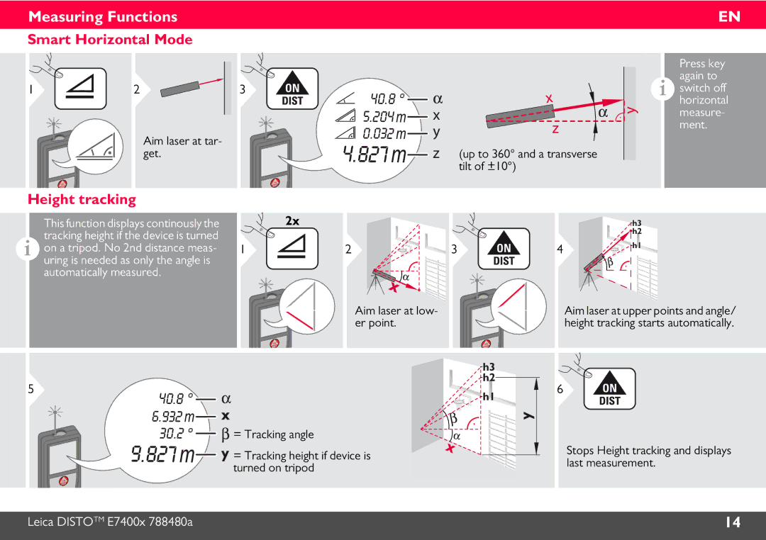 Leica 788472 manual Smart Horizontal Mode, Height tracking, Aim laser at tar- get, Up to 360 and a transverse tilt of ±10 