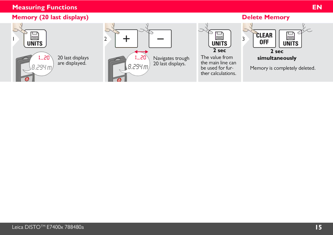 Leica 788472 manual Memory 20 last displays Delete Memory, Memory is completely deleted 