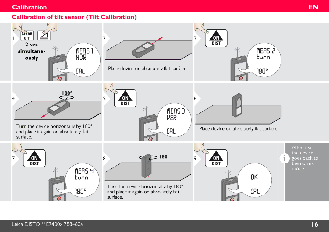 Leica 788472 manual Calibration of tilt sensor Tilt Calibration 