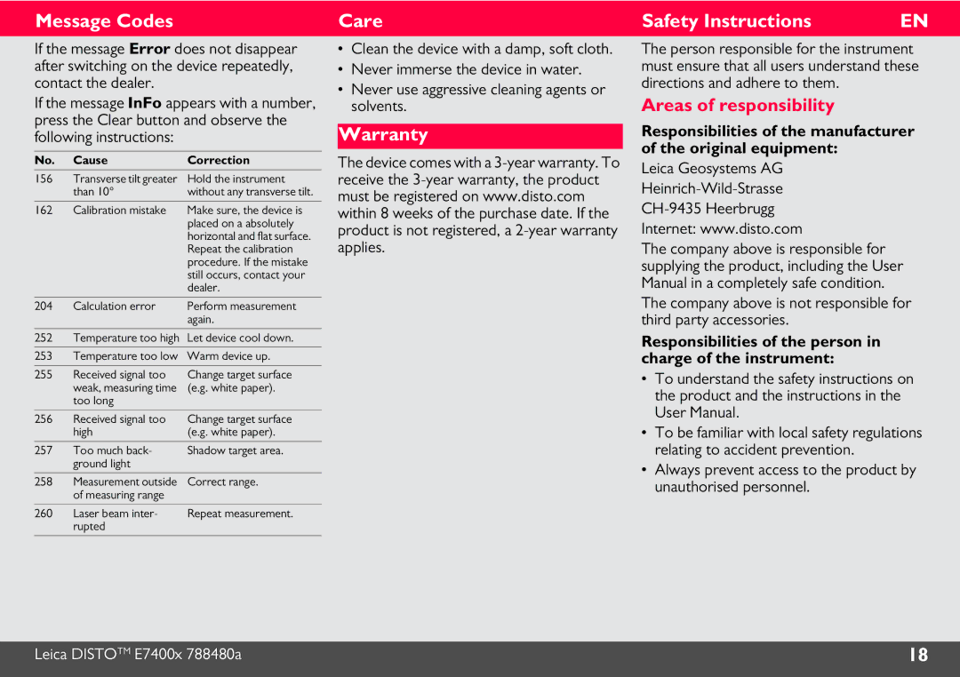 Leica 788472 manual Message Codes, Care, Warranty Safety Instructions, Areas of responsibility 