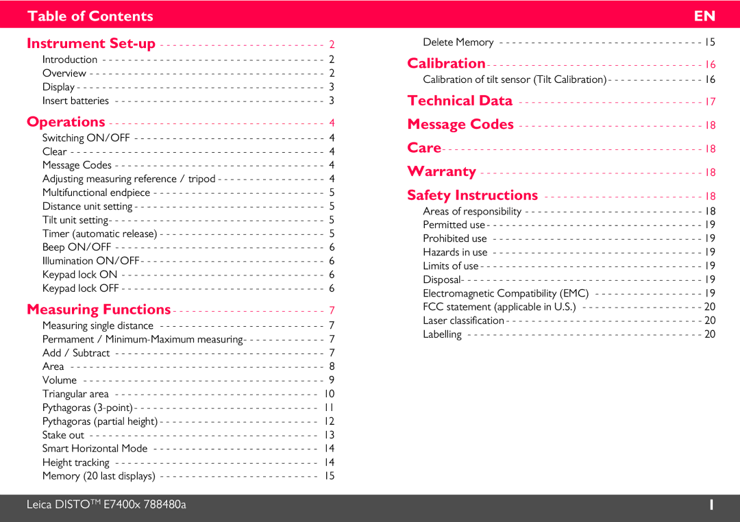 Leica 788472 manual Table of Contents 