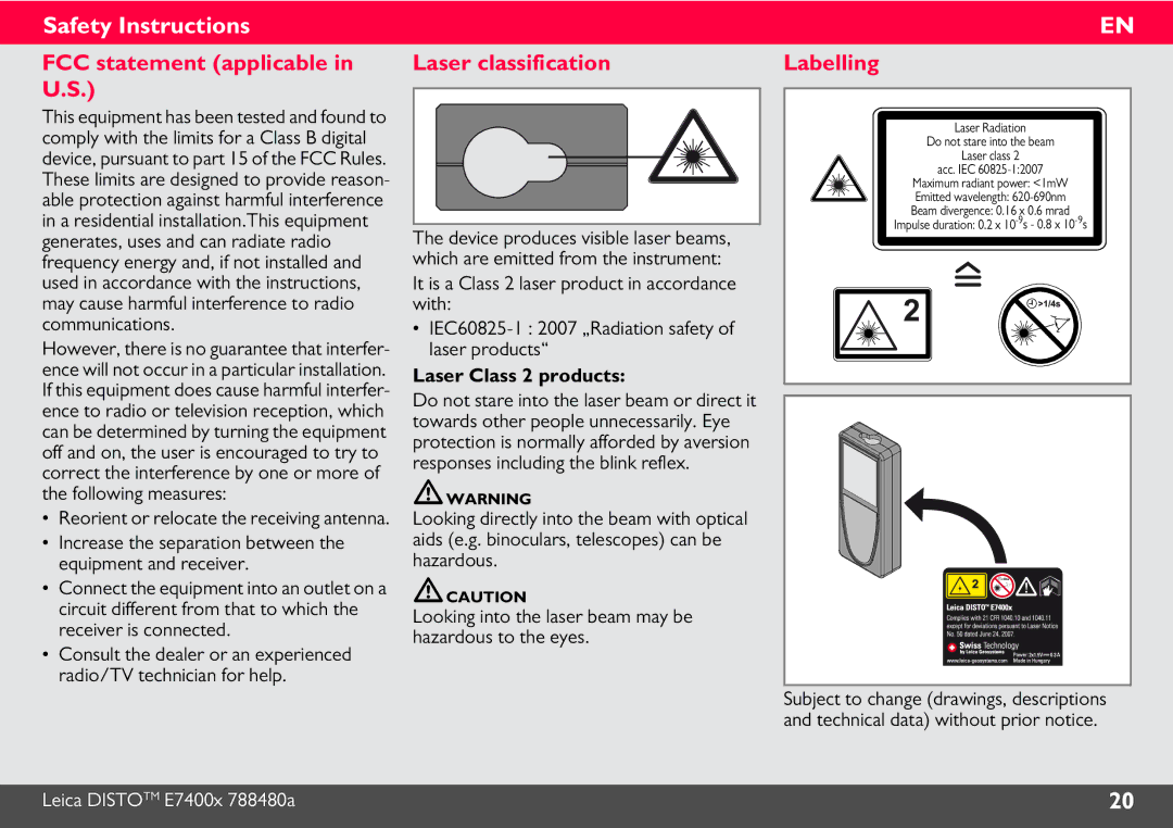 Leica 788472 manual FCC statement applicable in U.S, Laser classification, Labelling 