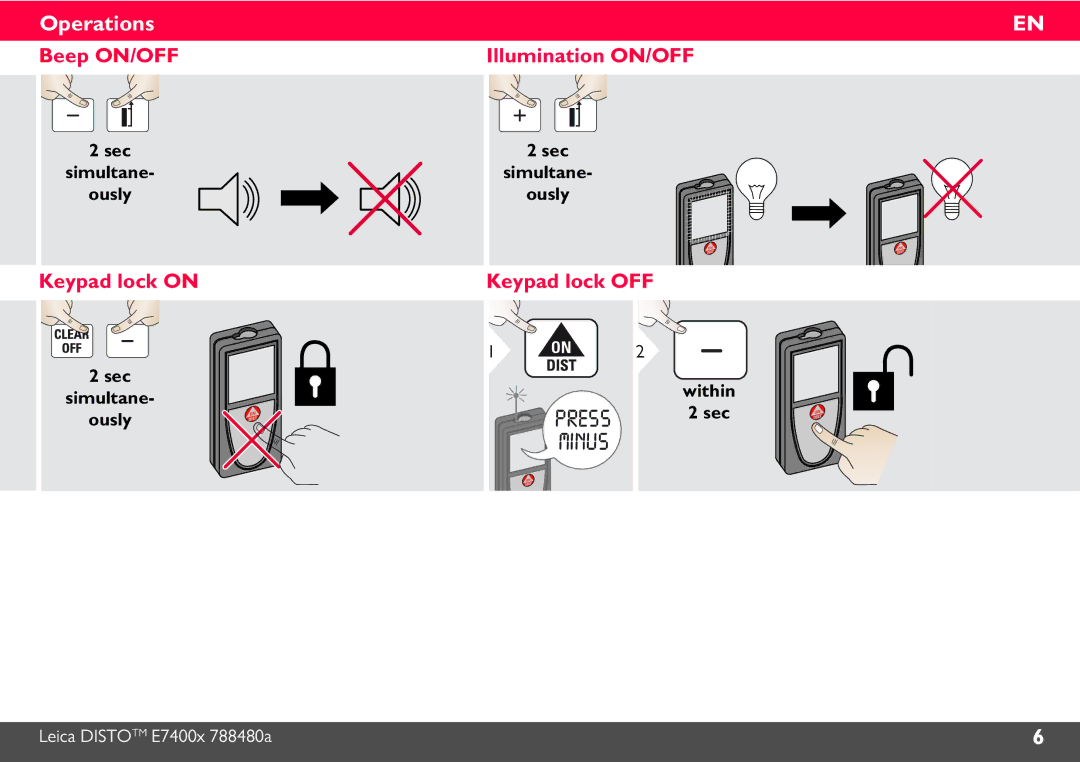 Leica 788472 manual Beep ON/OFF Illumination ON/OFF, Keypad lock on Keypad lock OFF 