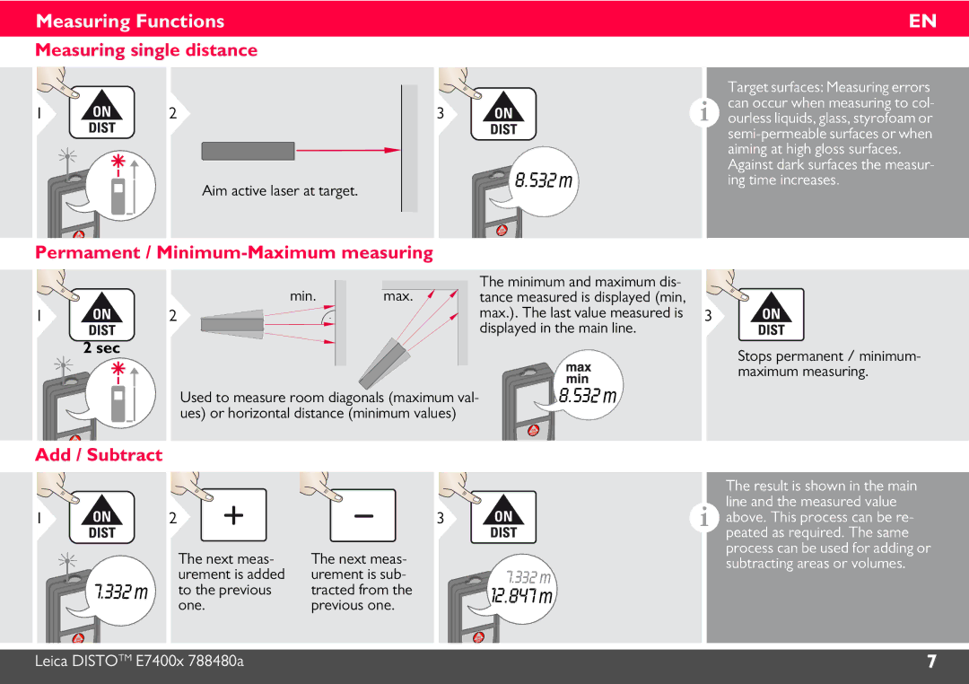 Leica 788472 manual Measuring Functions, Measuring single distance, Permament / Minimum-Maximum measuring, Add / Subtract 