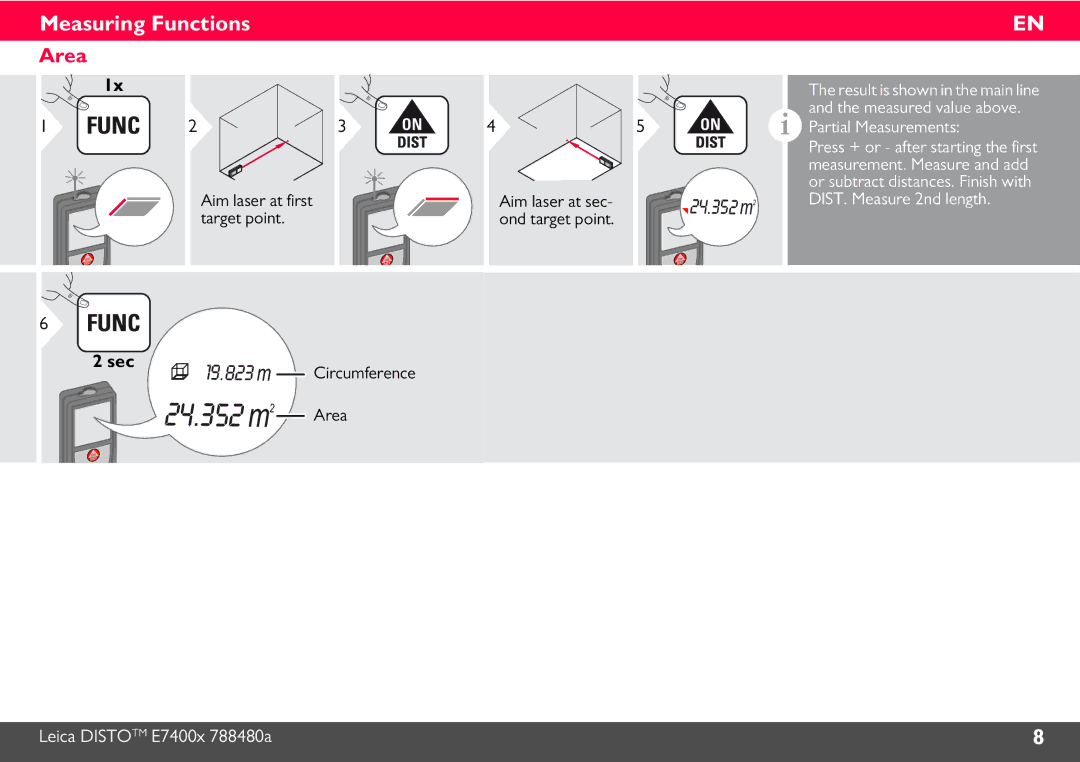 Leica 788472 manual Area, Partial Measurements 