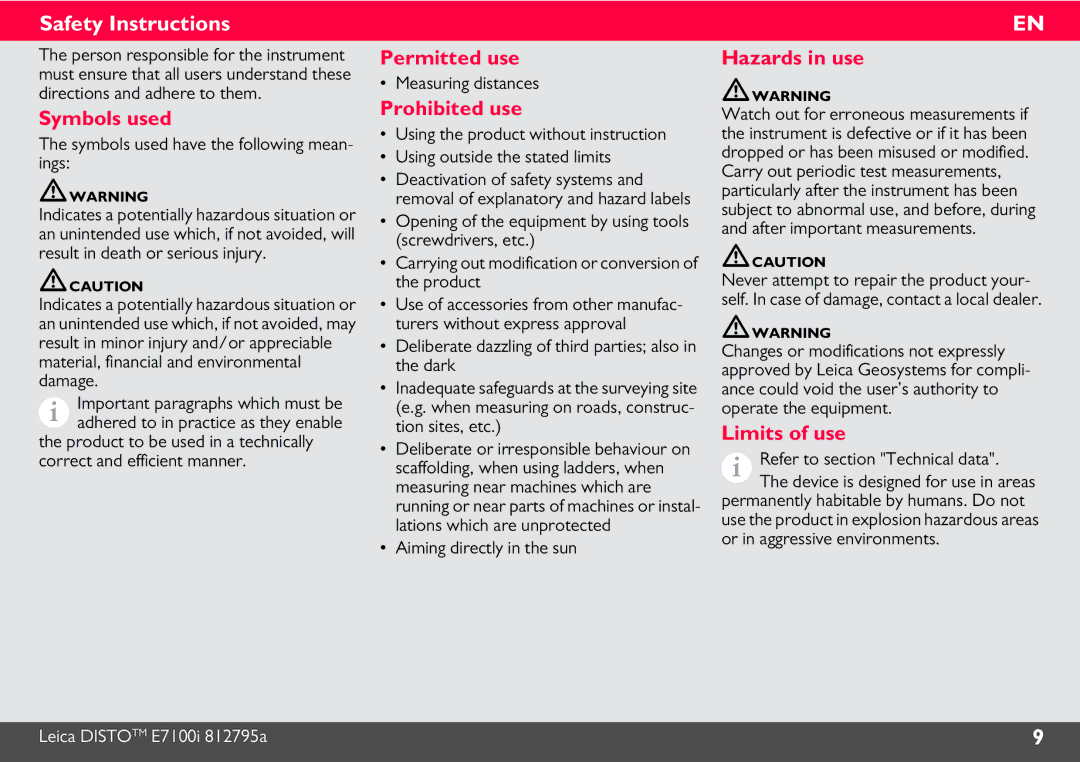 Leica 812806 manual Safety Instructions 