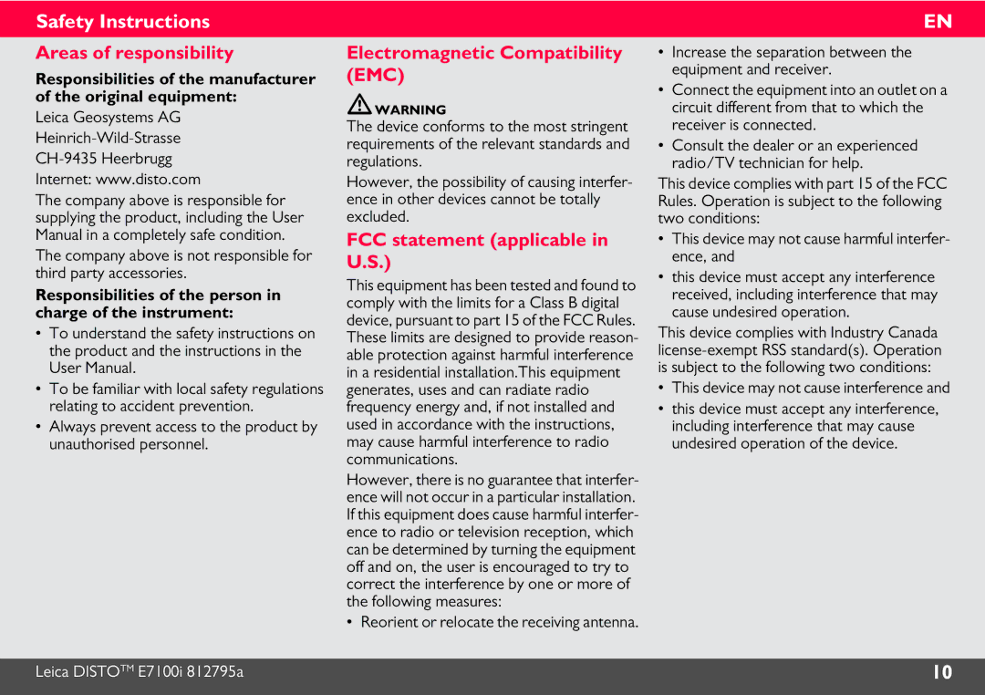 Leica 812806 manual Areas of responsibility, Electromagnetic Compatibility EMC, FCC statement applicable in U.S 