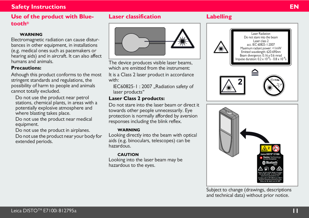 Leica 812806 Use of the product with Blue- tooth, Laser classification, Labelling, Precautions, Laser Class 2 products 